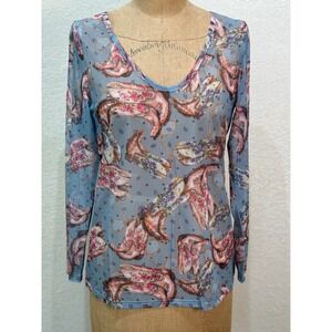 A Rare‎ Bird Cowgirl Boots Blue Floral Print Sheer Mesh Layering Top Size SM NWT